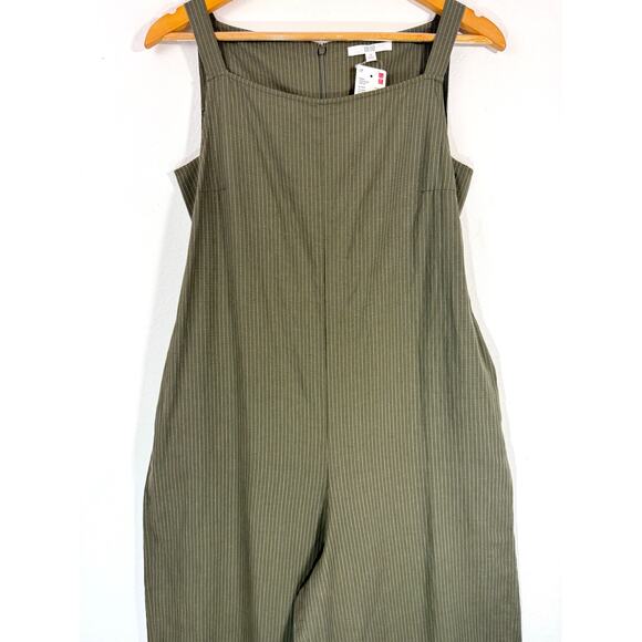 NWT Uniqlo Linen Blend Stripe Jumpsuit Olive Sz M Relaxed Waist Ribbon - Picture 6 of 11
